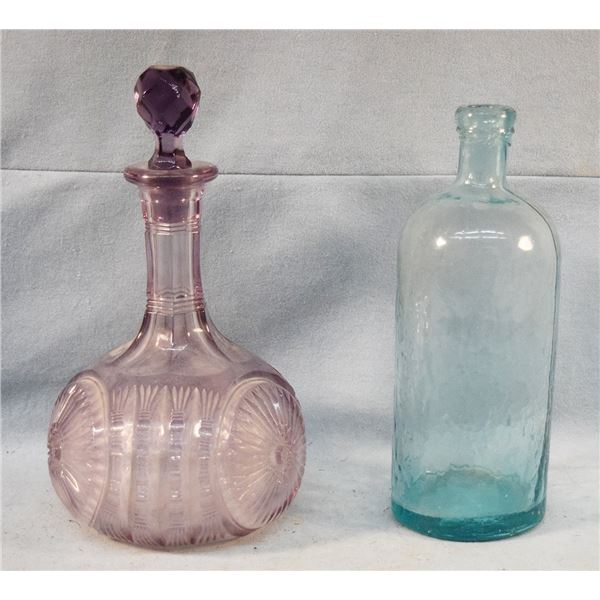 2 pcs: purple glass decanter & green jar