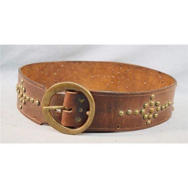 Brass studded belt, 40" and assortment of lapel pins, 30+/-