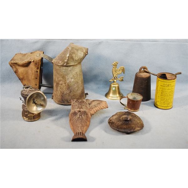 Assorment of finds - bee smoker, gasoline measuring cup, bell, miners lamp, scale weight