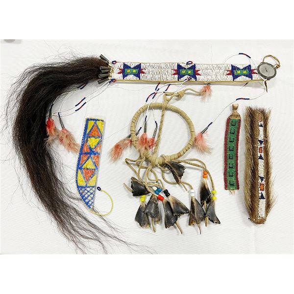 5 pcs: (3) Native American beaded pieces, (1) parfleche knife sheath and a deer hoof dream catcher