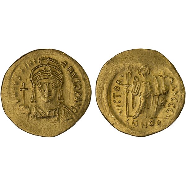 BYZANTINE EMPIRE: Justinian I, 527-565, AV solidus (4.41g), Constantinople, 542-565, AU