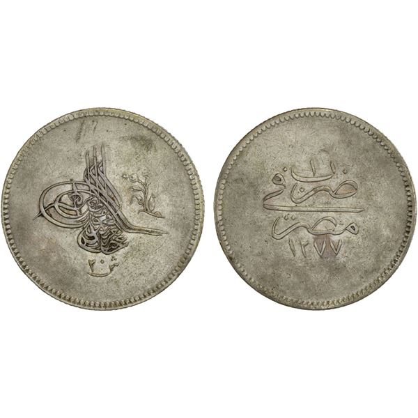 EGYPT: Abdul Aziz, 1861-1876, AR 20 qirsh (28.08g), Misr, AH1277 year 1, choice VF-XF