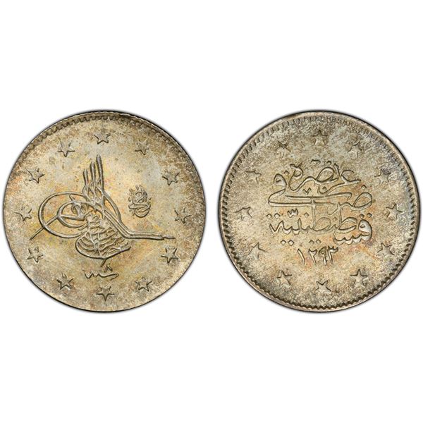 TURKEY: Abdul Hamid II, 1876-1909, AR 2 kurush, Kostantiniye, AH1293 year 8 (1883), PCGS MS67
