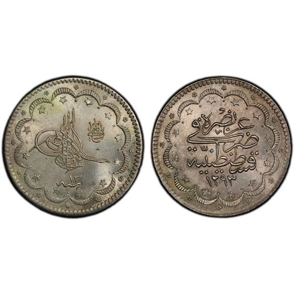 TURKEY: Abdul Hamid II, 1876-1909, AR 10 kurush, AH1293 year 13, PCGS MS63