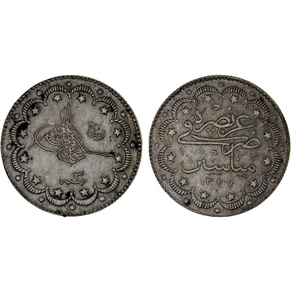 TURKEY: Mehmet V, 1909-1918, AR 10 kurush, Manastir, AH1327 year 3, XF