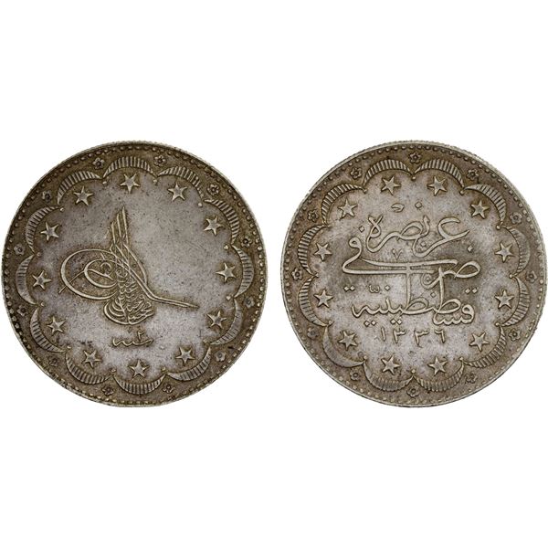 TURKEY: Mehmet VI, 1918-1923, AR 20 kurush, AH1336 year 1, XF