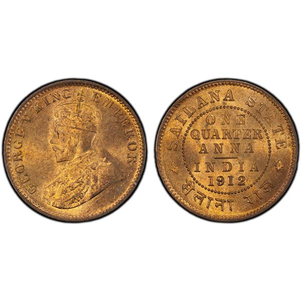 SAILANA: Jaswant Singh, 1890-1919, AE 1/4 anna, 1912, PCGS MS65 RD