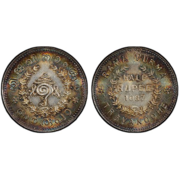 TRAVANCORE: Rama Varma VI, 1885-1924, AR 1/2 rupee, ME1087 (1911), PCGS MS65