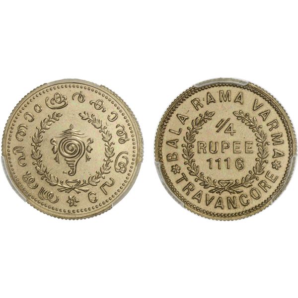 TRAVANCORE: Bala Rama Varma II, 1924-1949, AR 1/4 rupee, ME1116 (1940), PCGS Proof 64