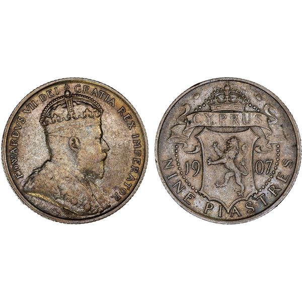CYPRUS: British Colony, AR 9 piastres, 1907, VF-XF