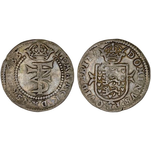 DENMARK: Frederik III, 1648-1670, AR 2 mark, 1655, VF