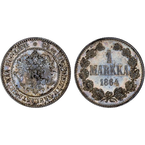 FINLAND: Alexander II, 1855-1881, AR markka, 1864, Choice AU