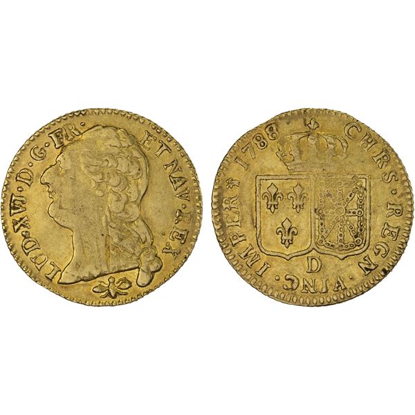 FRANCE: Louis XVI, 1774-1792, AV louis d'or, Lyon, 1788/7-D, XF-AU