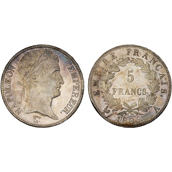 FRANCE: Napoleon I, as Emperor, 1804-1814, AR 5 francs, 1809-A, AU