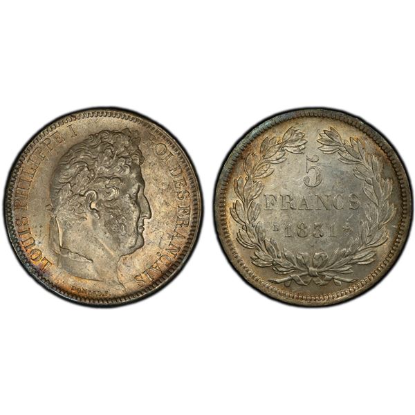 FRANCE: Louis Philippe I, 1830-1848, AR 5 francs, Rouen, 1831-B, PCGS MS61