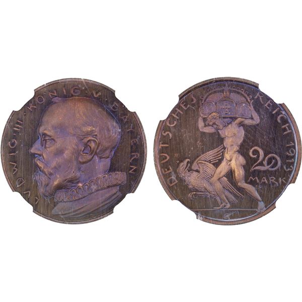BAVARIA: Ludwig III, 1913-1918, AE 20 mark, 1913, NGC Proof 67 RB CAMEO