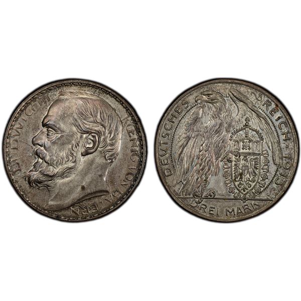 BAVARIA: Ludwig III, 1913-1918, silvered AE 3 mark, 1913, PCGS Specimen 63