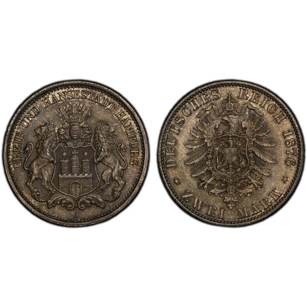 HAMBURG: Free Hanseatic City, AR 2 mark, 1876-J, PCGS MS64