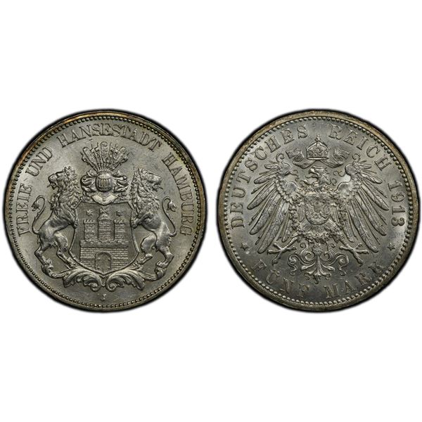 HAMBURG: Free Hanseatic City, AR 5 mark, 1913-J, PCGS MS63