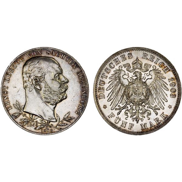 SAXE-ALTENBURG: Ernst I, 1853-1908, AR 5 mark, Berlin, 1903-A, Choice AU