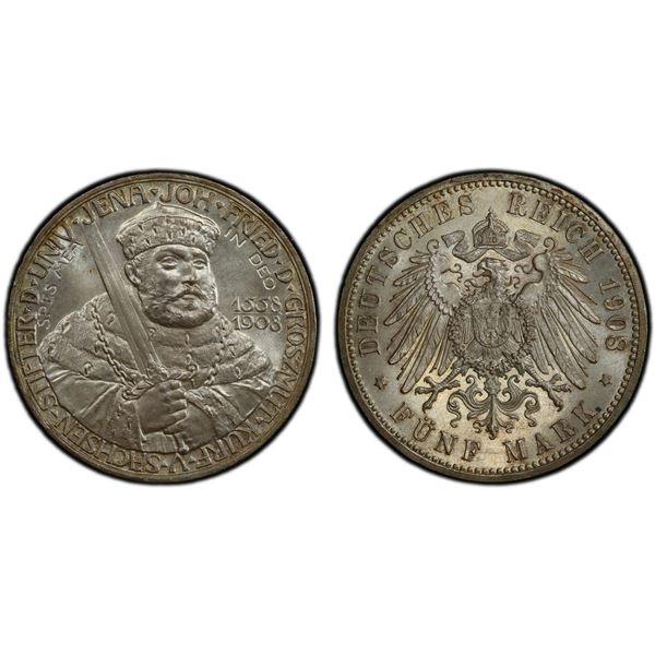 SAXE-WEIMAR-EISENACH: Wilhelm Ernst, 1901-1918, AR 5 mark, 1908, PCGS MS65
