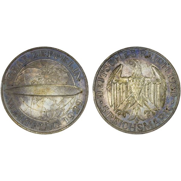 GERMANY: Weimar Republic, AR 5 reichsmark, 1930-G, AU