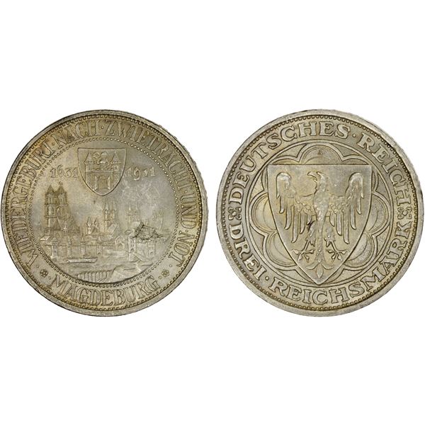 GERMANY: Weimar Republic, AR 3 reichsmark, 1931-A, Choice AU