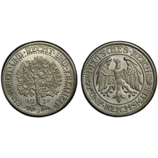 GERMANY: Weimar Republic, AR 5 reichsmark, 1932-J, NGC MS63