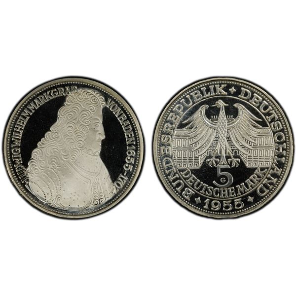 GERMANY: Federal Republic, AR 5 deutsche mark, Karlsruhe, 1955-G, PCGS Proof 66 DCAM