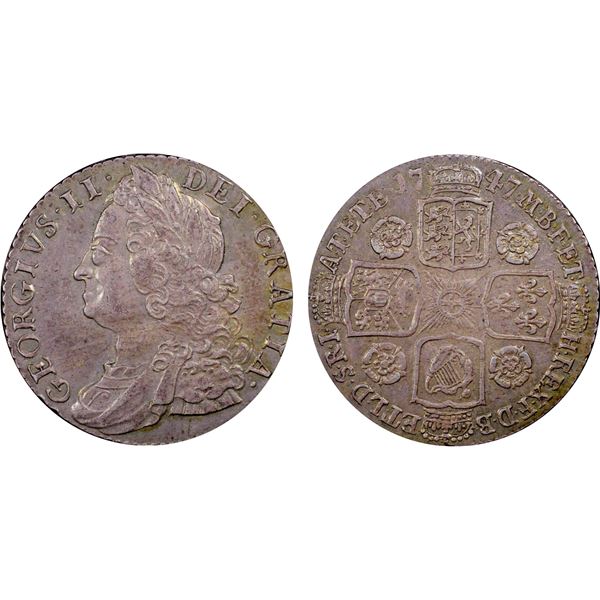 GREAT BRITAIN: George II, 1727-1760, AR shilling, 1747, PCGS AU58