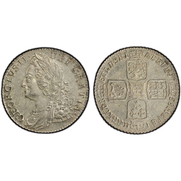 GREAT BRITAIN: George II, 1727-1760, AR shilling, 1758, PCGS MS62