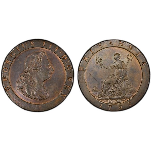 GREAT BRITAIN: George III, 1760-1820, AE penny, 1797, PCGS MS64 BN