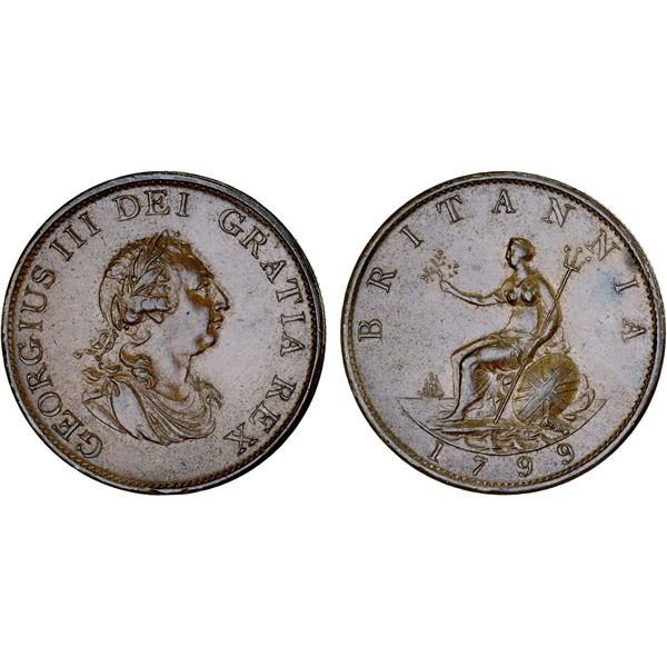 GREAT BRITAIN: George III, 1760-1820, AE halfpenny, 1799, AU