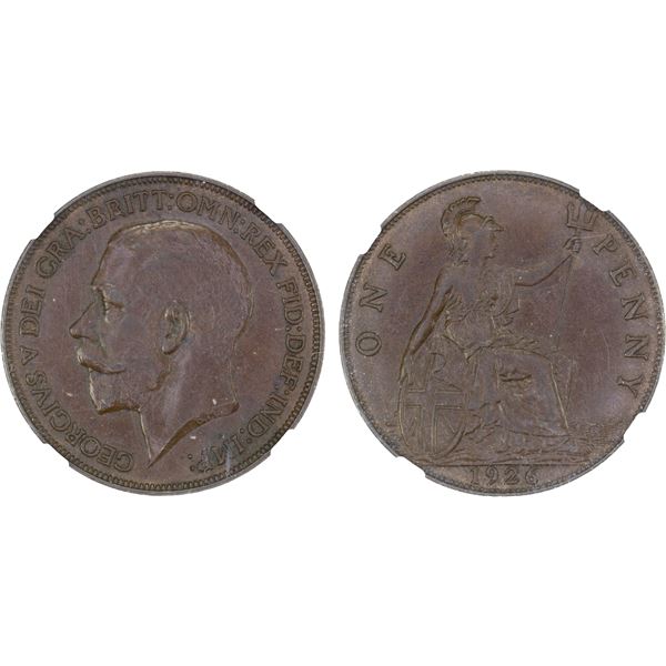 GREAT BRITAIN: George V, 1910-1936, AE penny, 1926, NGC AU53 BN