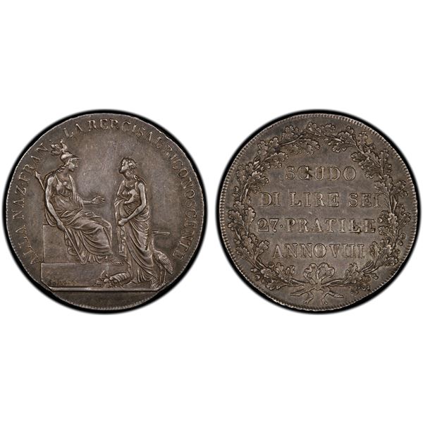 CISALPINE REPUBLIC: AR scudo, year VIII (1800), PCGS AU50. WINGS