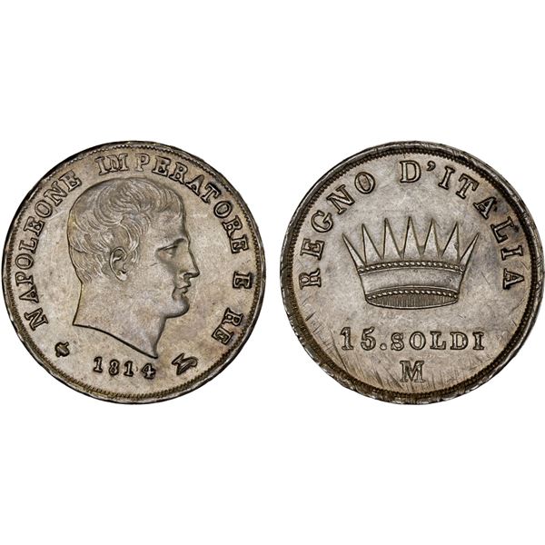 KINGDOM OF ITALY: Napoleon I, 1804-1814, AR 15 soldi, 1814-M, XF
