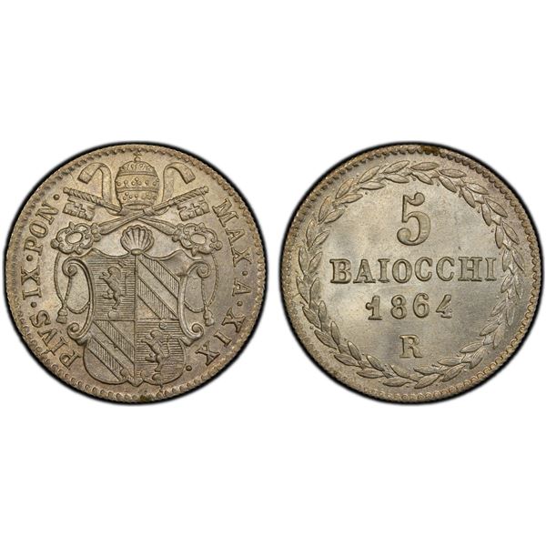 PAPAL STATES: Pius IX, 1846-1870, AR 5 baiocchi, 1864-R year XIX, PCGS MS67