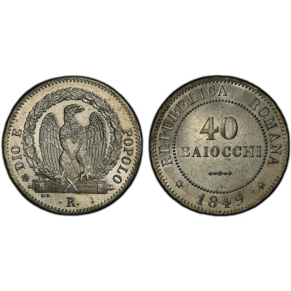 ROMAN REPUBLIC: AR 40 baiocchi, 1849-R, PCGS MS61