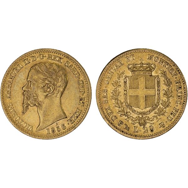 SARDINIA: Vittorio Emanuele II, 1849-1861, AV 20 lire, 1853, Choice VF