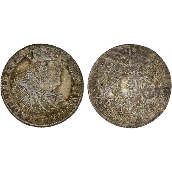 POLAND: Danzig: August III, 1733-1763, AR 18 groszy, 1760, Choice VF