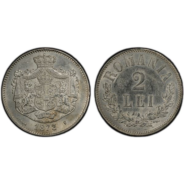 ROMANIA: Carol I, Prince, 1866-1881, AR 2 lei, 1873, PCGS AU55