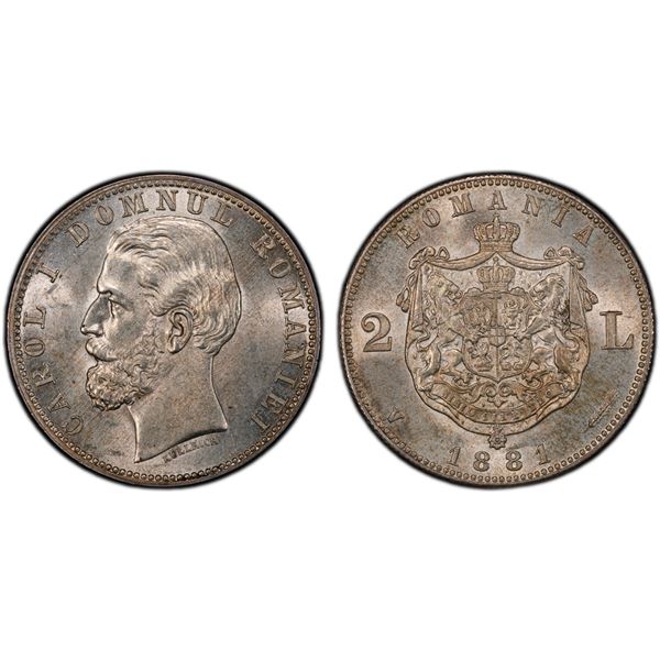 ROMANIA: Carol I, Prince, 1866-1881, AR 2 lei, 1881, PCGS MS63