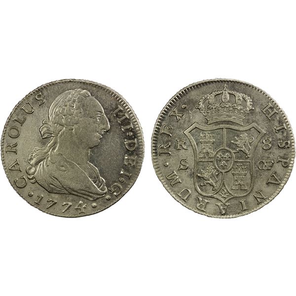 SPAIN: Carlos III, 1759-1788, AR 8 reales, 1774-S, XF-AU