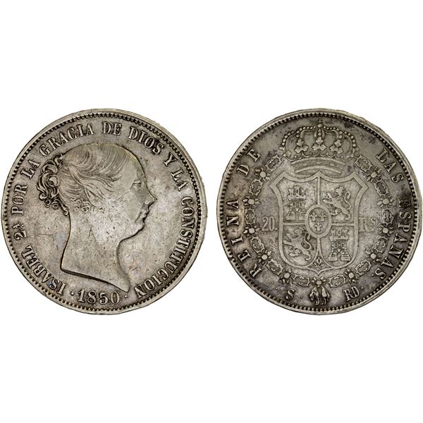SPAIN: Isabel II, 1833-1868, AR 20 reales, Seville, 1850-S, F-VF