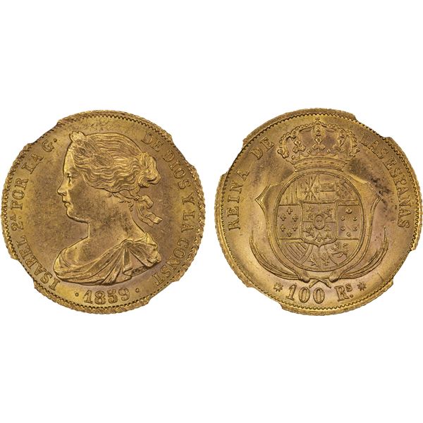 SPAIN: Isabel II, 1833-1868, AV 100 reales, Barcelona, 1859, NGC MS64