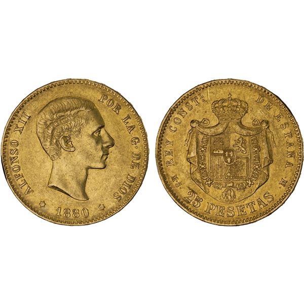 SPAIN: Alfonso XII, 1874-1885, AV 25 pesetas, 1880(80), VF-XF