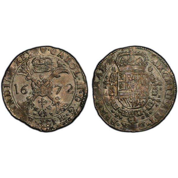 SPANISH NETHERLANDS: Charles II, 1665-1700, AR patagon, Antwerp, 1672, PCGS AU53