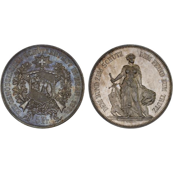 SWITZERLAND: Confederation, AR 5 francs, 1885, Unc