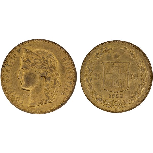 SWITZERLAND: Confederation, AV 20 francs, 1889-B, NGC MS61