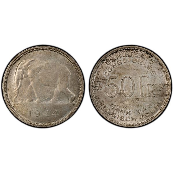 BELGIAN CONGO: Leopold III, 1934-1950, AR 50 francs, 1944, PCGS MS63